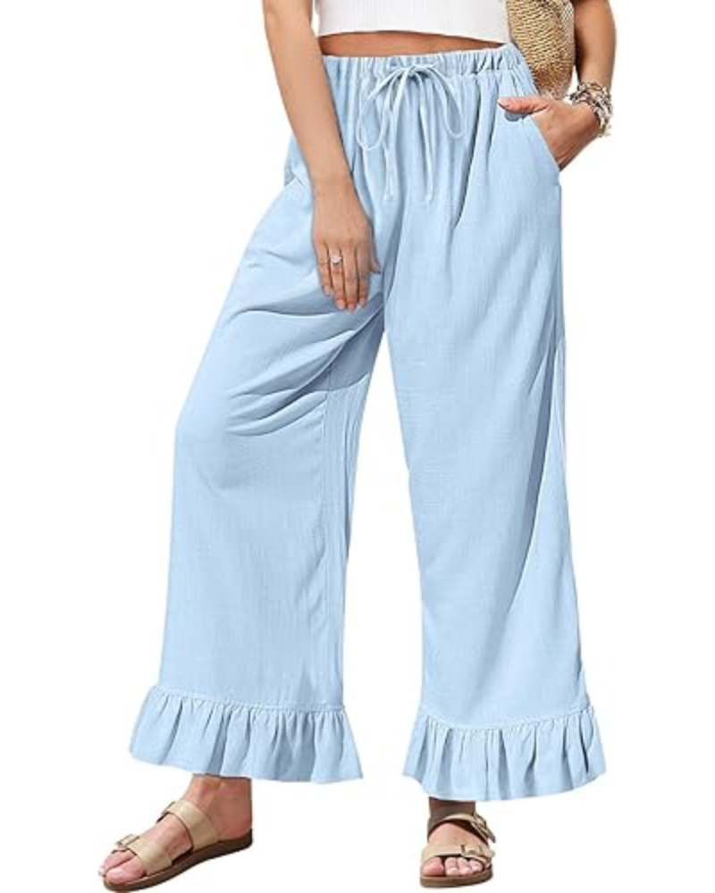 Victoria Pantaloni Donna Lino – Gamba Larga, Orlo Volant & Coulisse