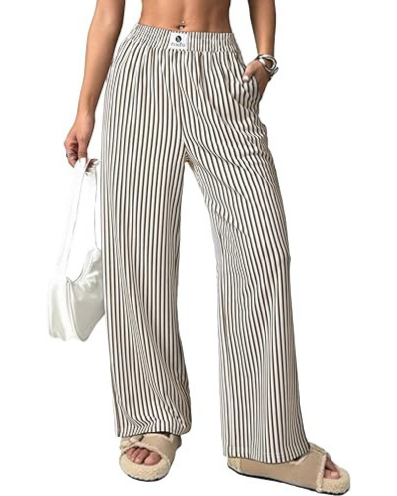 Eliza Pantalones de mujer a rayas – Tiro alto, pierna ancha y bolsillos laterales