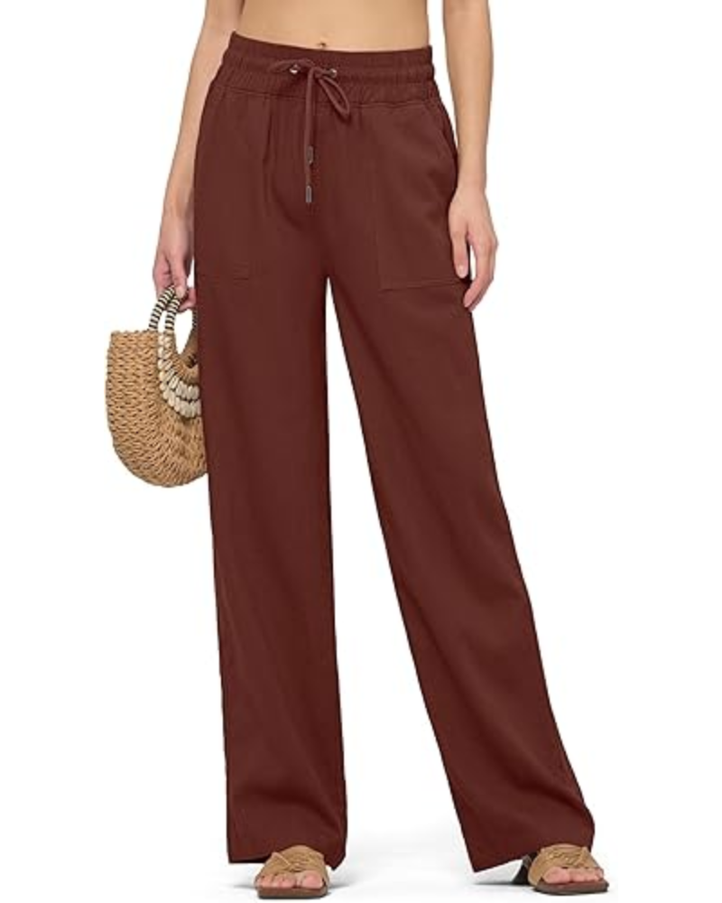 Emma Pantaloni Donna Lino – Gamba Larga, Coulisse & Tasche Funzionali