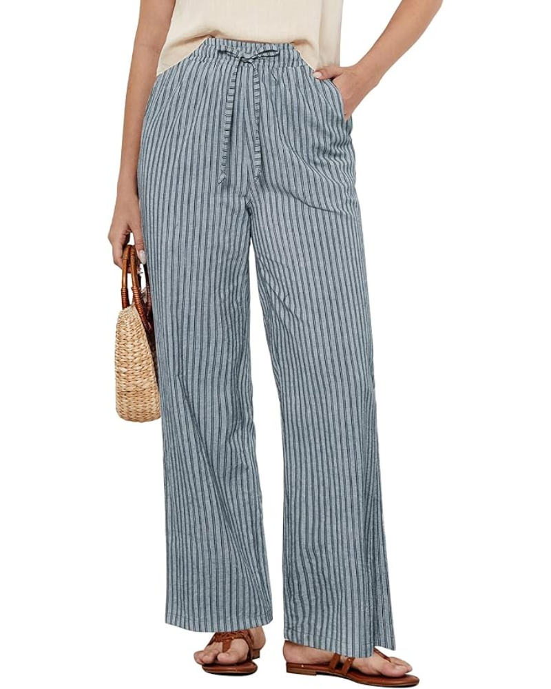 Lucy Pantaloni Donna a Righe – Misto Lino, Gamba Larga & Coulisse
