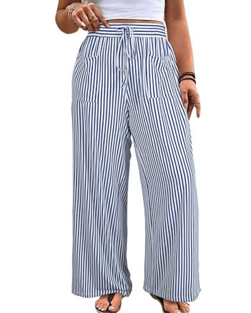 Pantalones violetas de mujer en tallas grandes – a rayas, de talle alto, con cordón y bolsillos