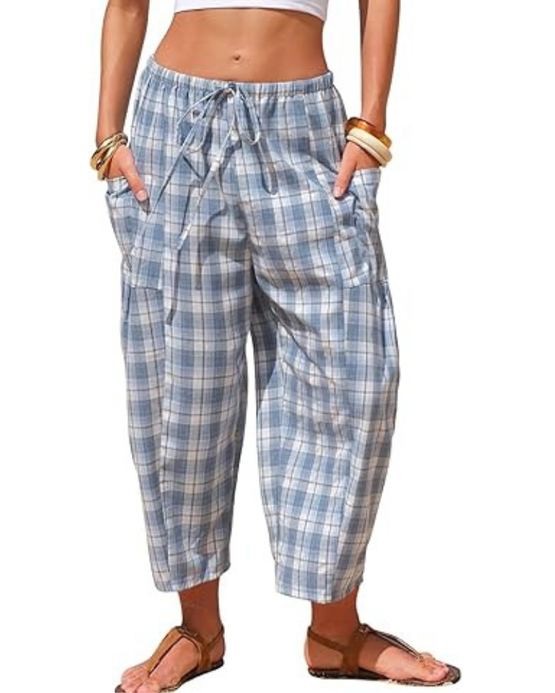 Pantalones de mujer de cuadros vichy – Capri tipo harén, con cordón y bolsillos profundos