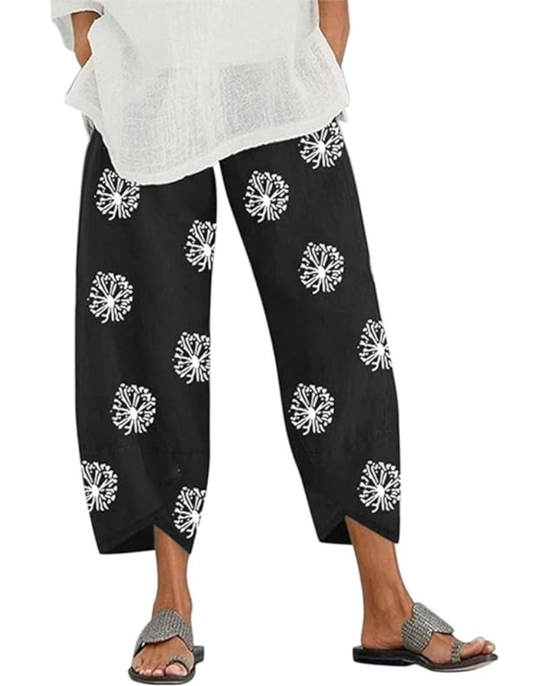 Pantalon capri pour femme Ella – Mélange de lin, taille élastiquée et imprimé floral