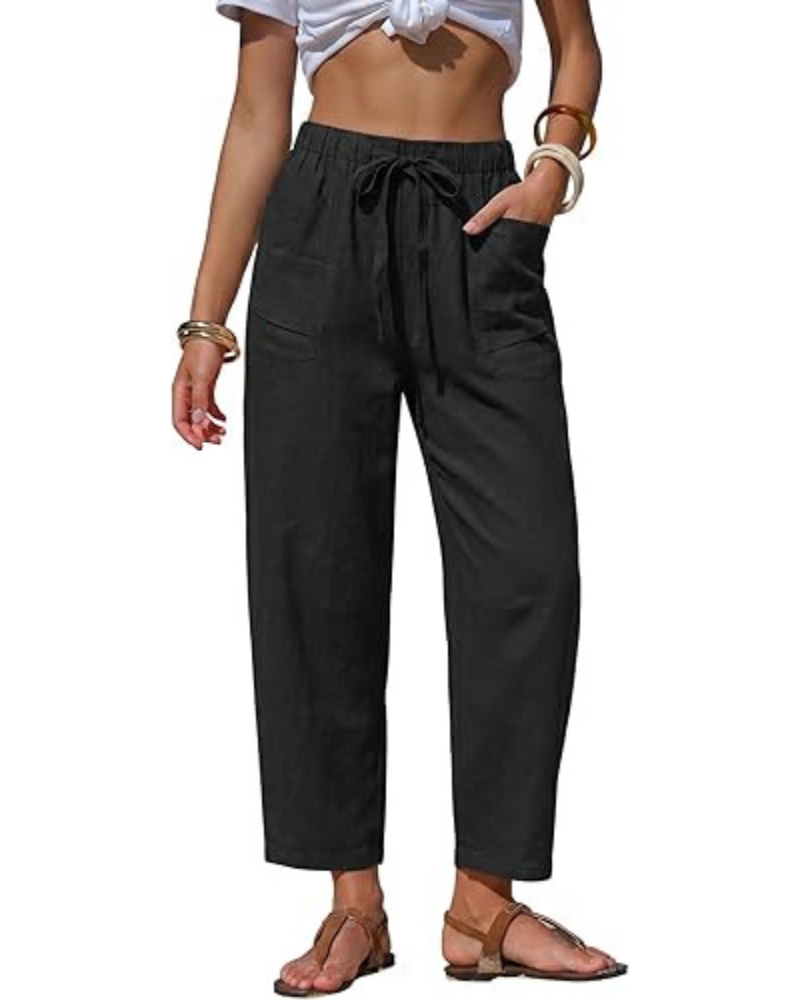 Penelope Pantaloni Donna Barrel – Effetto Lino, Righe, Coulisse & Tasche