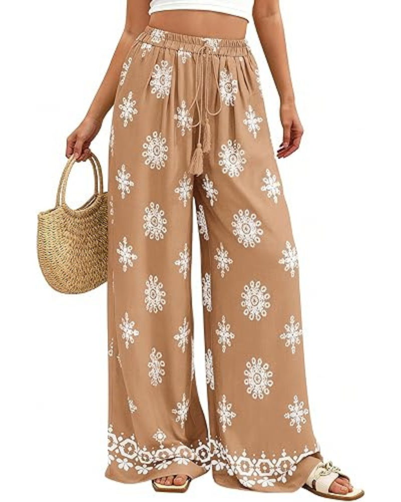 Pantalones de mujer Cassandra estilo boho – Tiro alto, estampado floral y bolsillos laterales