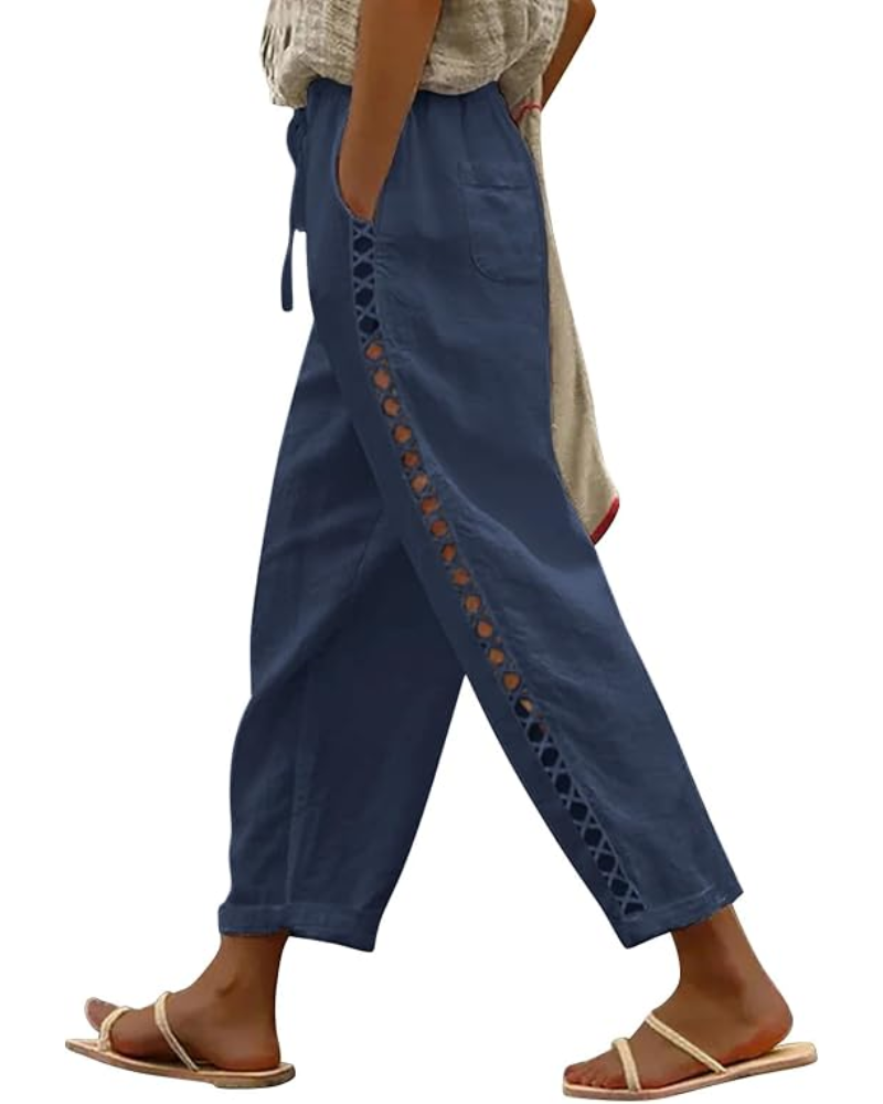 Alice Pantaloni Donna Capri – Lino Traspirante, Coulisse & Dettaglio Cut-Out