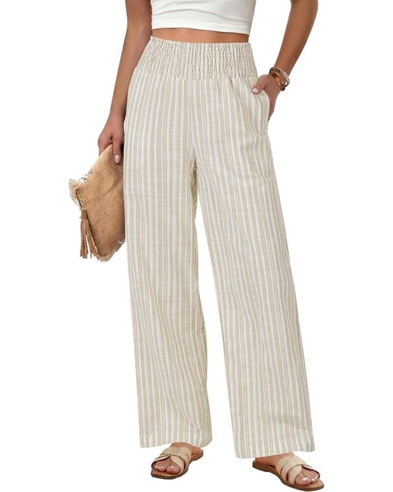 Claire Pantaloni Donna Lino – Righe Verticali, Vita Smock & Tasche Laterali