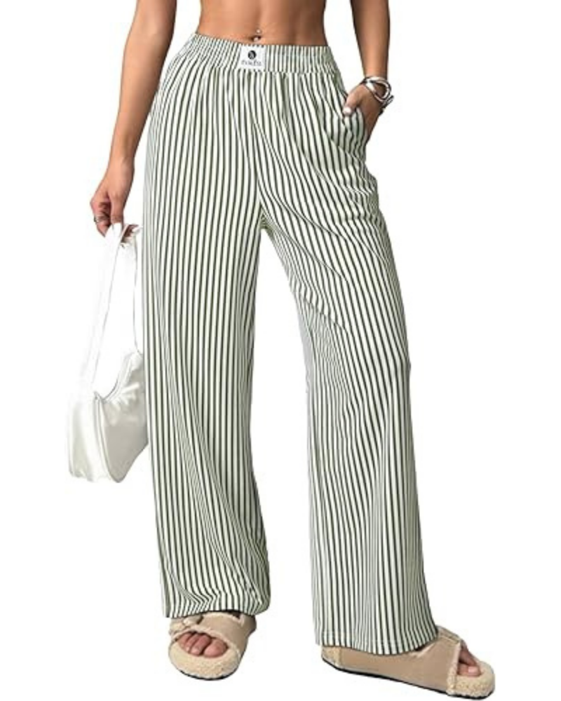 Eliza Pantalones de mujer a rayas – Tiro alto, pierna ancha y bolsillos laterales