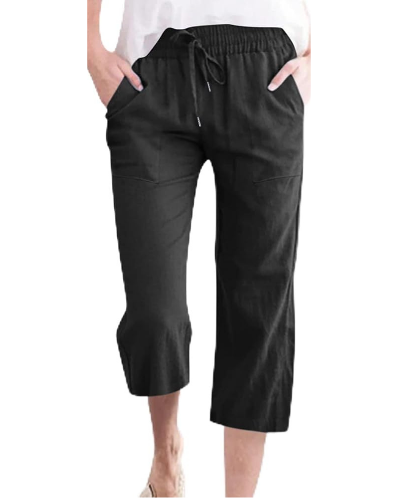 Megan Pantalones Capri para Mujer – Mezcla de Lino, Tiro Alto, Cordón de Ajuste y Bolsillos