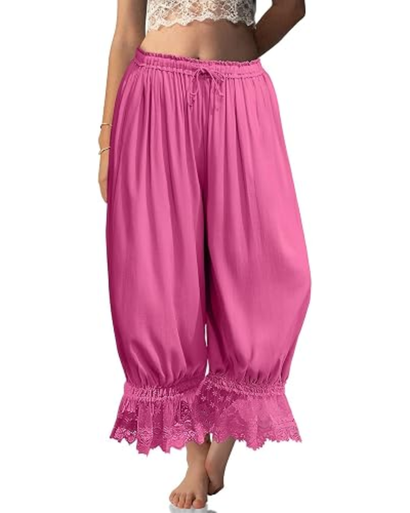 Pantalones bombachos de mujer Ivy Bloomers – Mezcla de lino, encaje con volantes y cordón ajustable