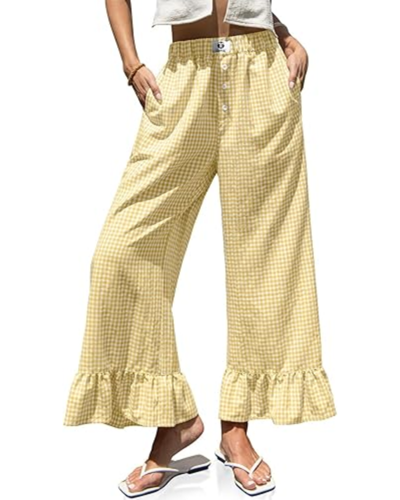 Grace dámské kalhoty Gingham – široké nohavice, volánový lem a elastický pas