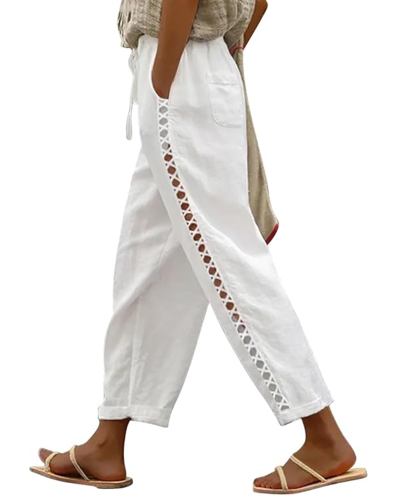 Alice Pantaloni Donna Capri – Lino Traspirante, Coulisse & Dettaglio Cut-Out