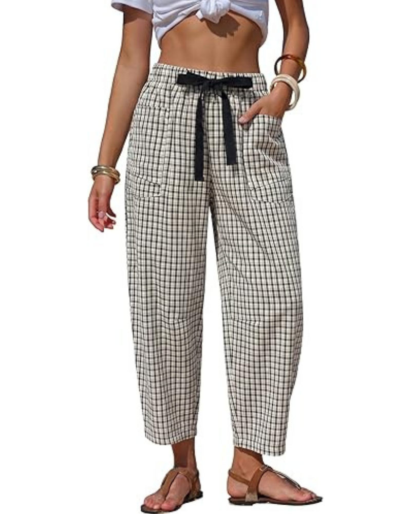Penelope Pantaloni Donna Barrel – Effetto Lino, Righe, Coulisse & Tasche