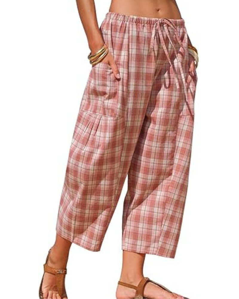 Pantalones de mujer de cuadros vichy – Capri tipo harén, con cordón y bolsillos profundos