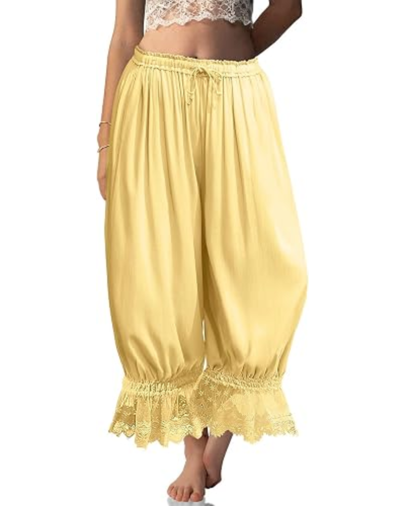 Pantalones bombachos de mujer Ivy Bloomers – Mezcla de lino, encaje con volantes y cordón ajustable