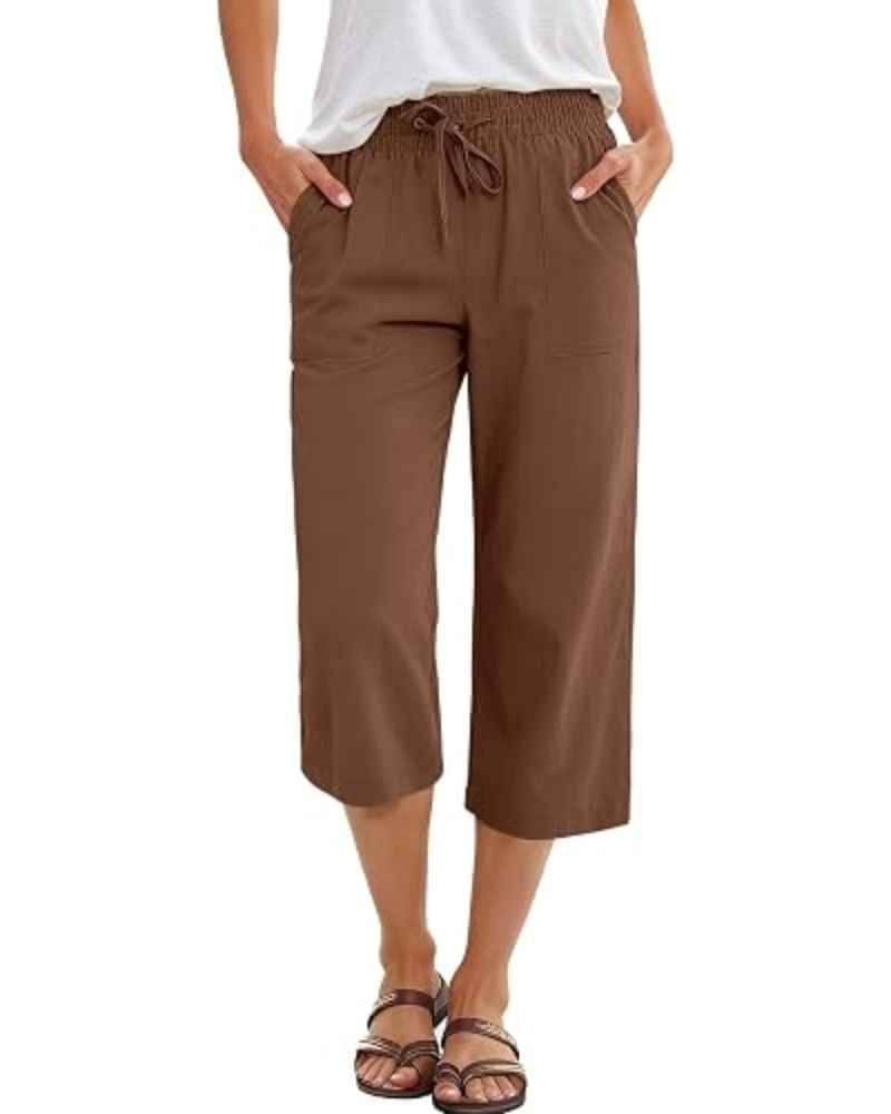 Lily Pantalon capri pour femme – taille haute, cordon de serrage et tissu fluide en rayonne