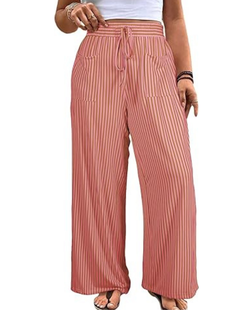 Pantalones violetas de mujer en tallas grandes – a rayas, de talle alto, con cordón y bolsillos