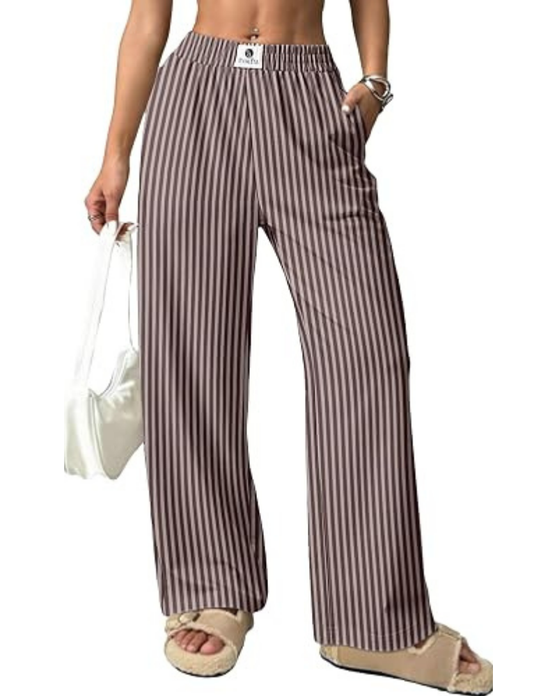 Eliza Pantalones de mujer a rayas – Tiro alto, pierna ancha y bolsillos laterales