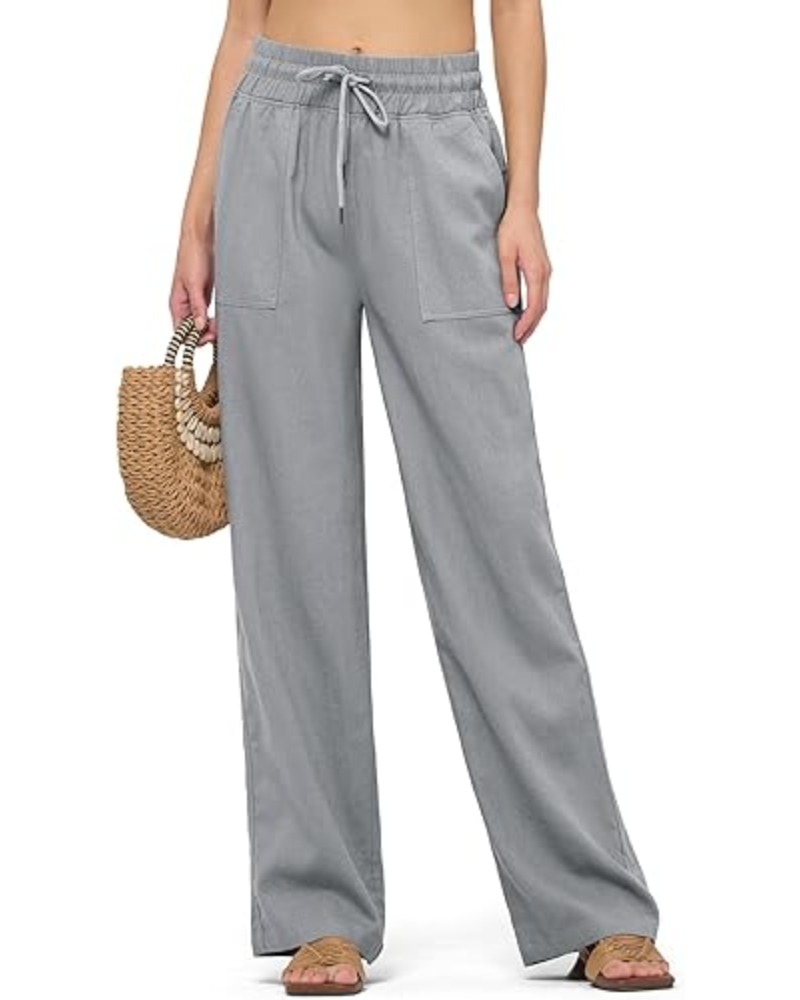 Emma Pantaloni Donna Lino – Gamba Larga, Coulisse & Tasche Funzionali