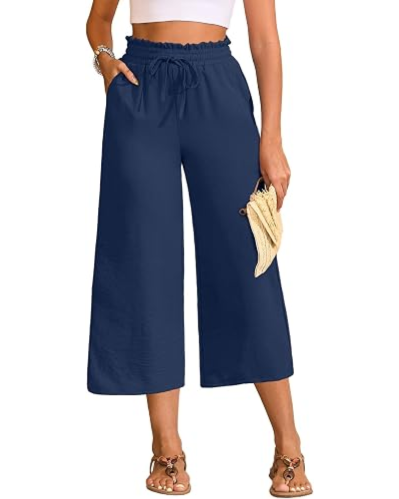 Chloé – Pantalon capri pour femme, taille haute, jambes larges et cordon de serrage réglable
