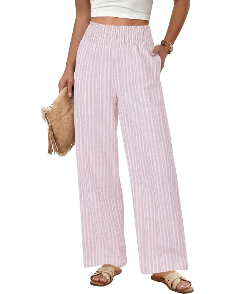 Claire Pantaloni Donna Lino – Righe Verticali, Vita Smock & Tasche Laterali