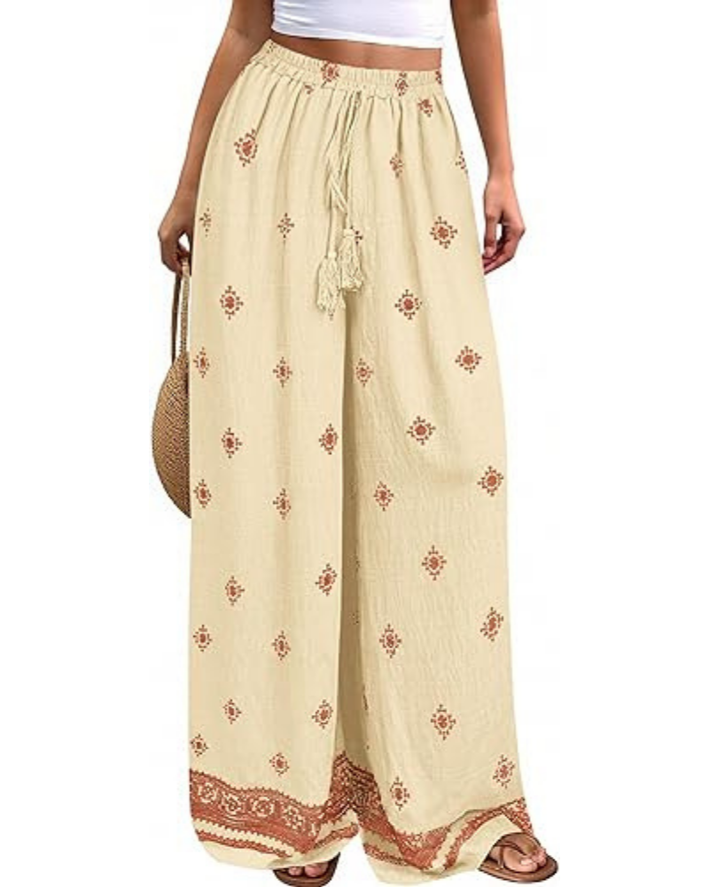 Pantalones de mujer Cassandra estilo boho – Tiro alto, estampado floral y bolsillos laterales