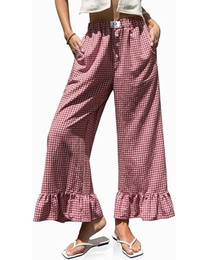 Grace dámské kalhoty Gingham – široké nohavice, volánový lem a elastický pas