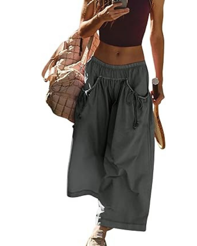 Lauren Women’s Sporty Trousers – Wide Leg, High Waist & Ruched Pockets