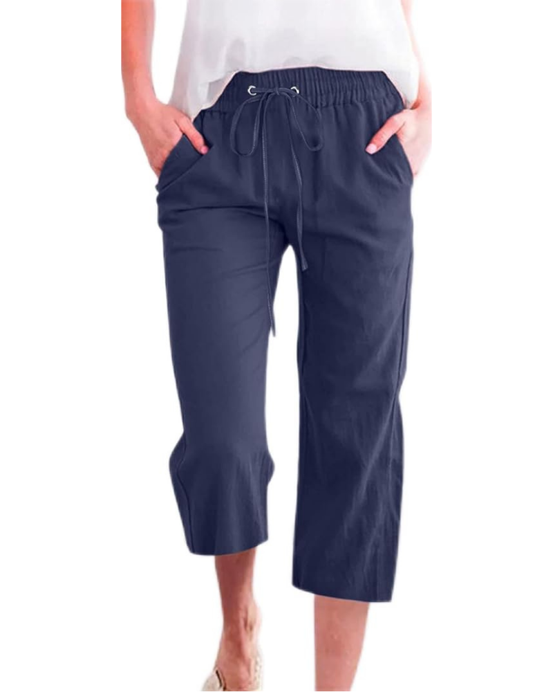 Megan Pantalones Capri para Mujer – Mezcla de Lino, Tiro Alto, Cordón de Ajuste y Bolsillos