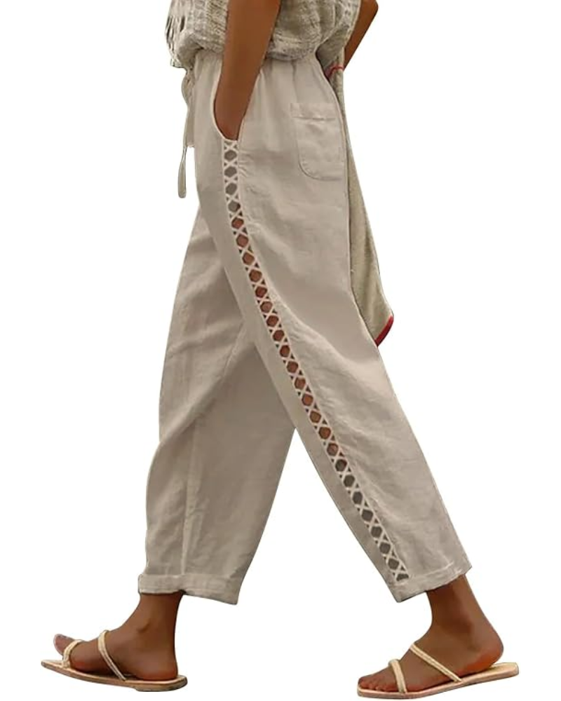 Alice Pantaloni Donna Capri – Lino Traspirante, Coulisse & Dettaglio Cut-Out