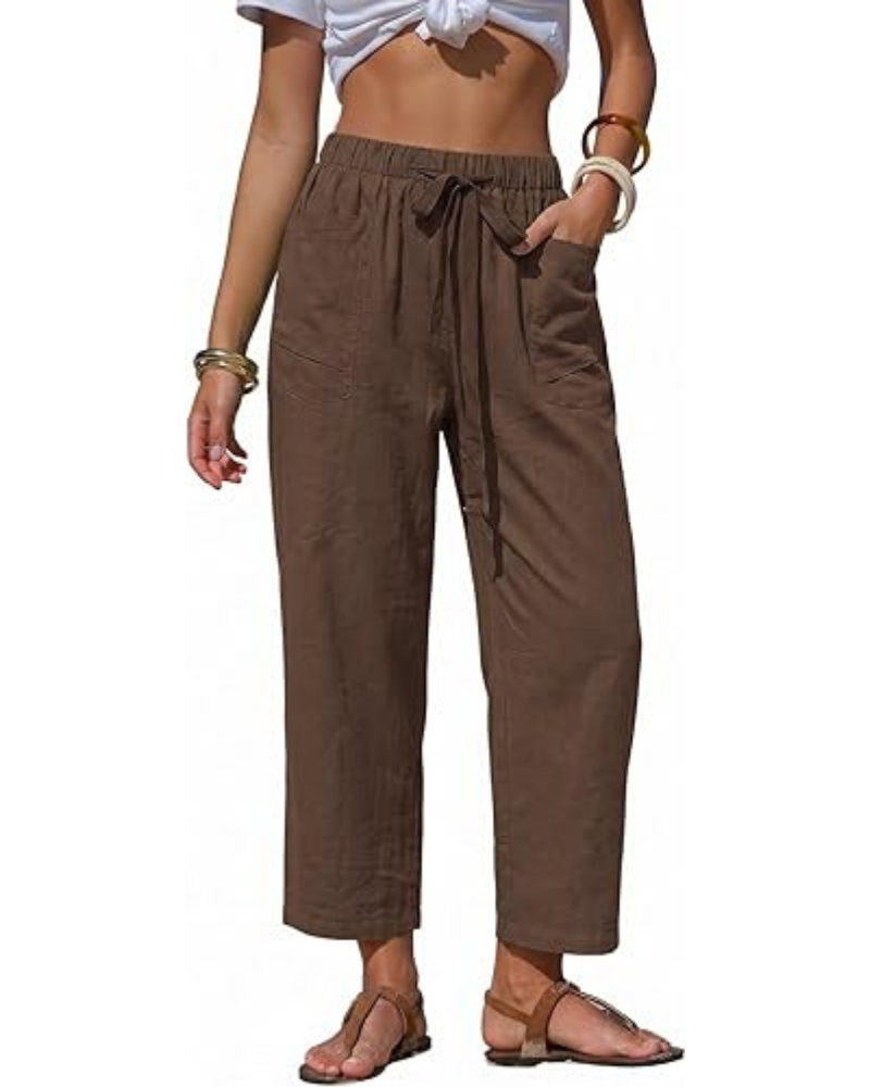 Penelope Pantaloni Donna Barrel – Effetto Lino, Righe, Coulisse & Tasche