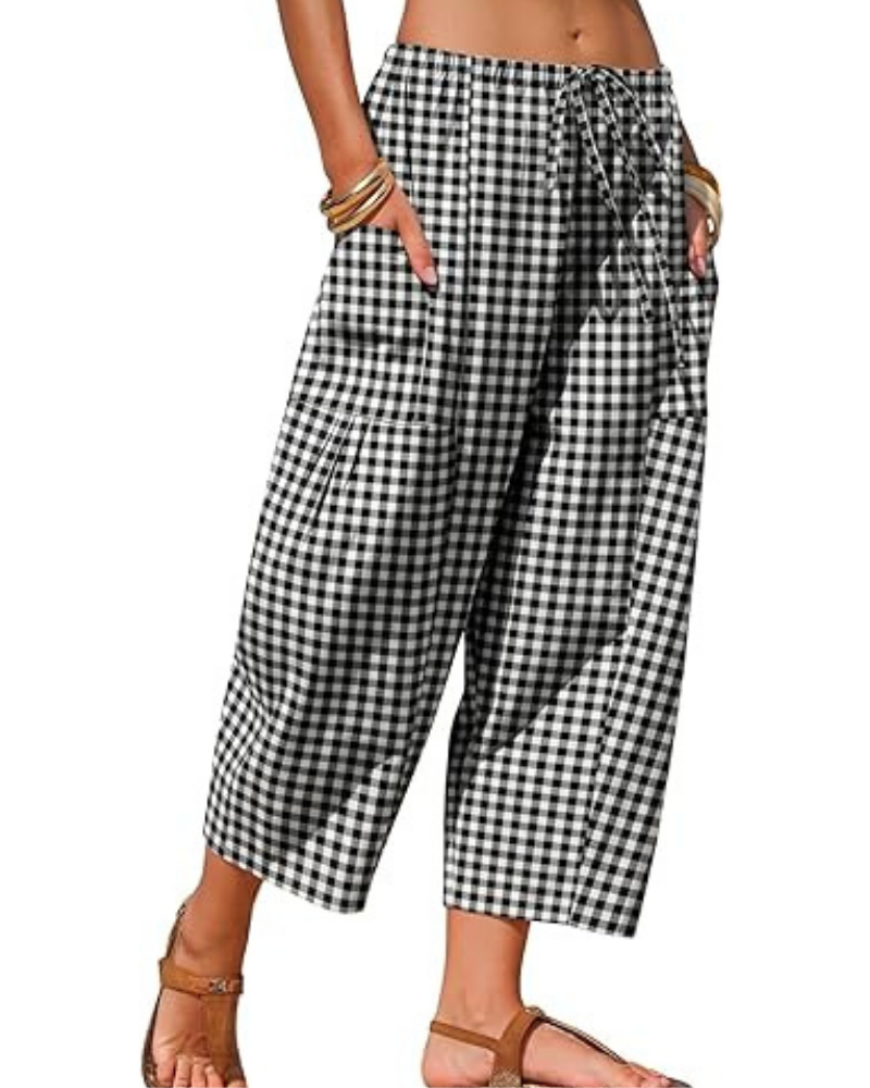 Pantalones de mujer de cuadros vichy – Capri tipo harén, con cordón y bolsillos profundos