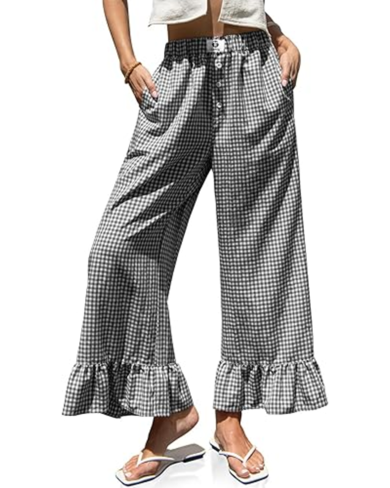 Grace dámské kalhoty Gingham – široké nohavice, volánový lem a elastický pas
