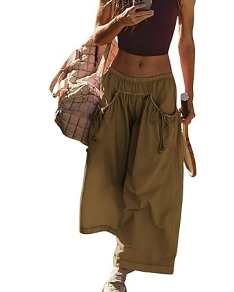 Lauren Women’s Sporty Trousers – Wide Leg, High Waist & Ruched Pockets