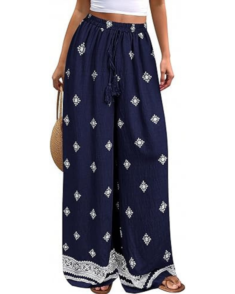 Pantalones de mujer Cassandra estilo boho – Tiro alto, estampado floral y bolsillos laterales