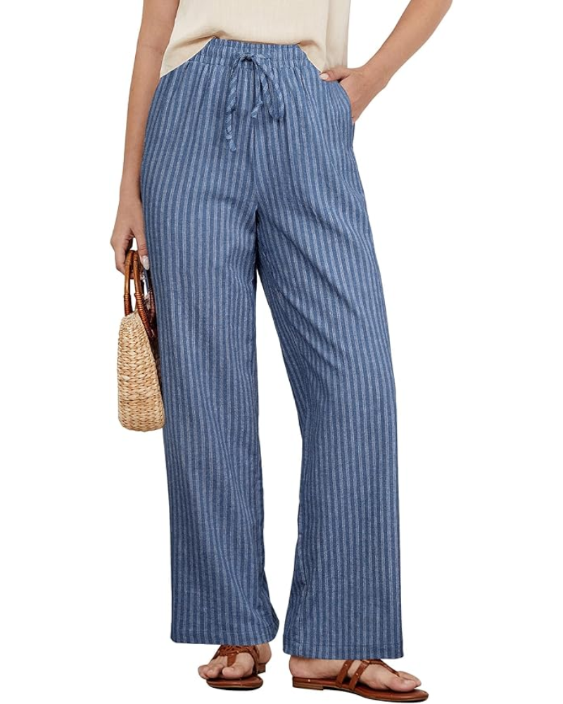 Lucy Pantaloni Donna a Righe – Misto Lino, Gamba Larga & Coulisse