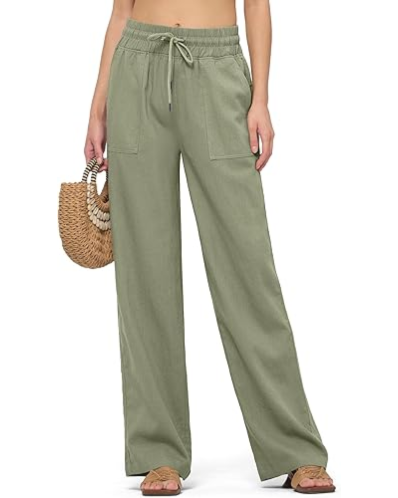 Emma Pantaloni Donna Lino – Gamba Larga, Coulisse & Tasche Funzionali