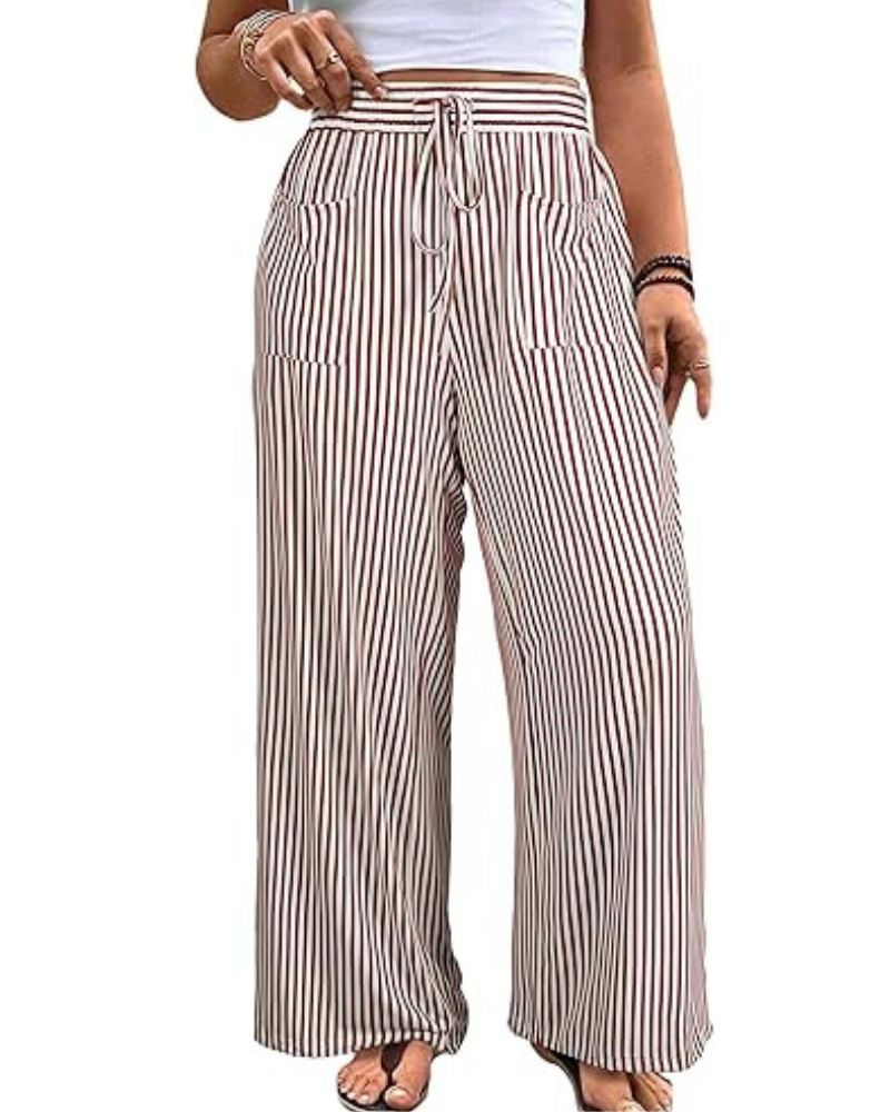 Pantalones violetas de mujer en tallas grandes – a rayas, de talle alto, con cordón y bolsillos