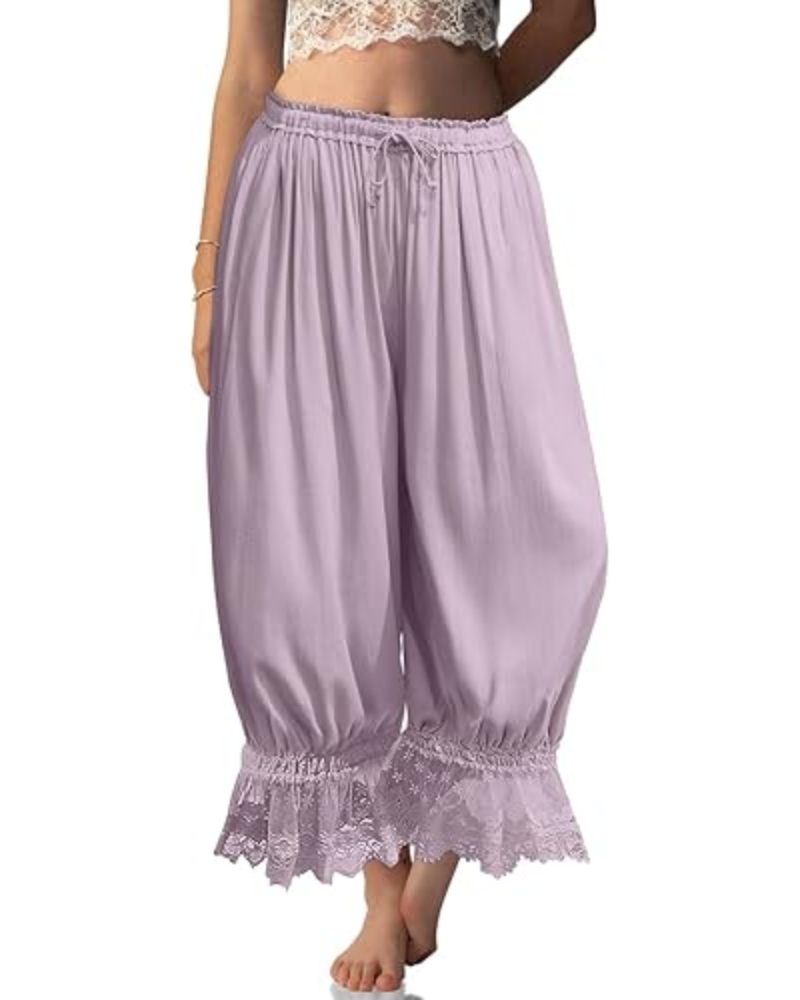 Pantalones bombachos de mujer Ivy Bloomers – Mezcla de lino, encaje con volantes y cordón ajustable