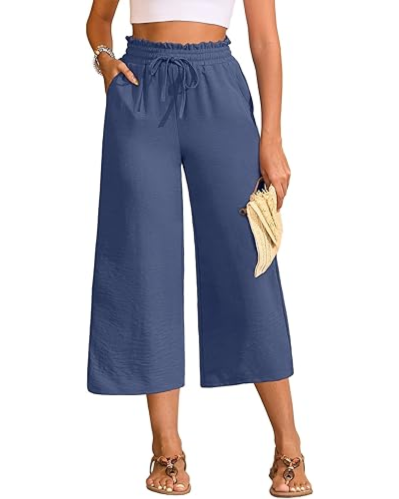 Chloé – Pantalon capri pour femme, taille haute, jambes larges et cordon de serrage réglable