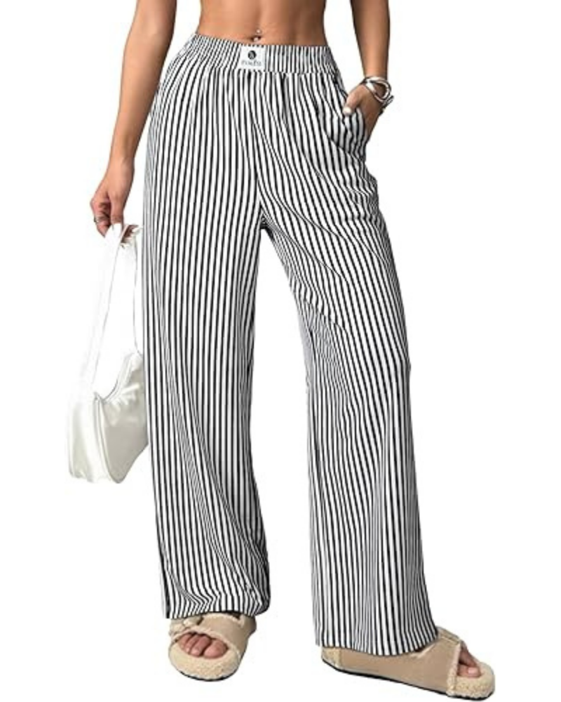 Eliza Pantalones de mujer a rayas – Tiro alto, pierna ancha y bolsillos laterales