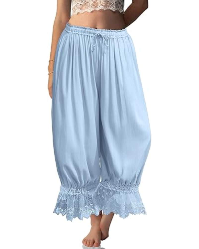 Pantalones bombachos de mujer Ivy Bloomers – Mezcla de lino, encaje con volantes y cordón ajustable