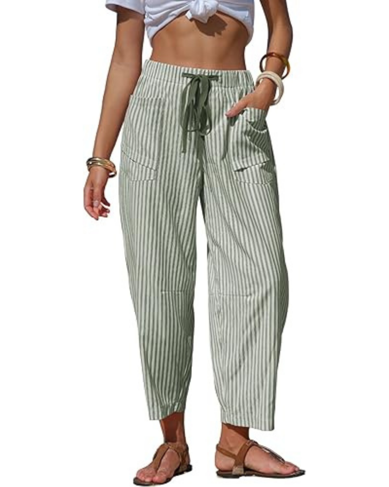 Penelope Pantaloni Donna Barrel – Effetto Lino, Righe, Coulisse & Tasche