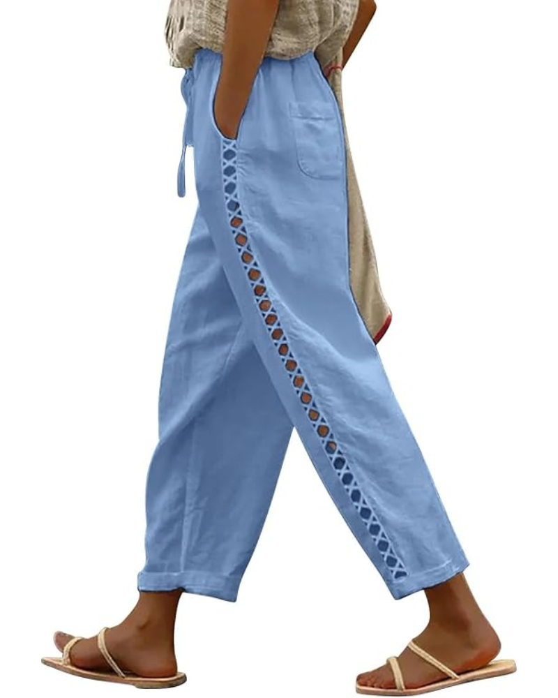 Alice Pantaloni Donna Capri – Lino Traspirante, Coulisse & Dettaglio Cut-Out