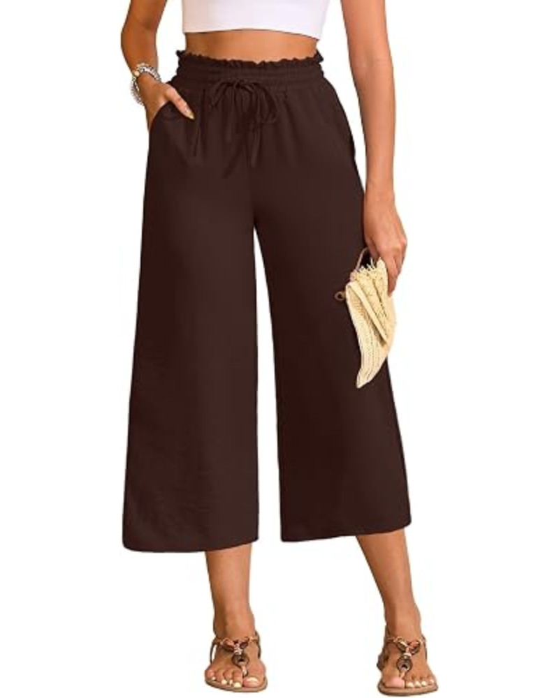 Chloé – Pantalon capri pour femme, taille haute, jambes larges et cordon de serrage réglable