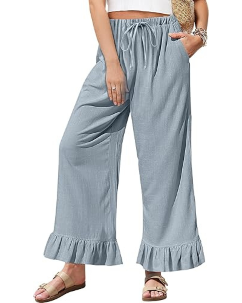 Victoria Pantaloni Donna Lino – Gamba Larga, Orlo Volant & Coulisse