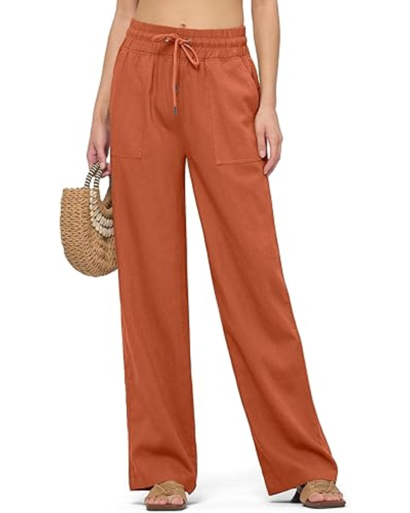 Emma Pantaloni Donna Lino – Gamba Larga, Coulisse & Tasche Funzionali