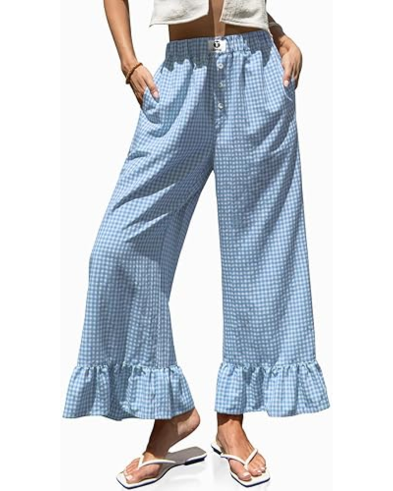 Grace dámské kalhoty Gingham – široké nohavice, volánový lem a elastický pas