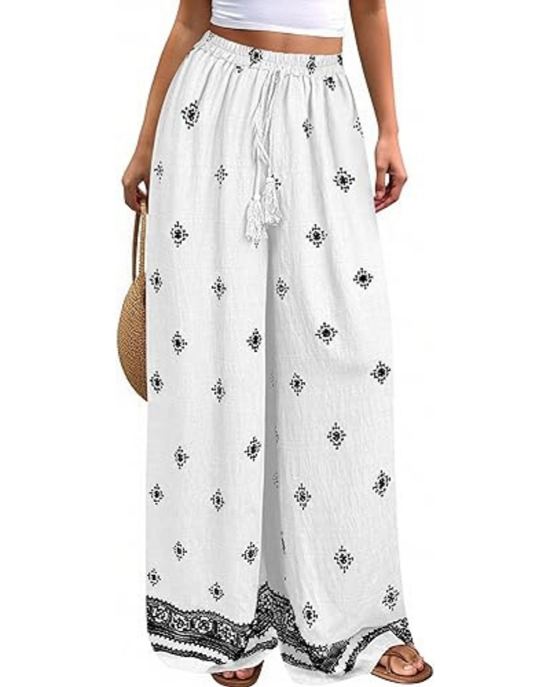Pantalones de mujer Cassandra estilo boho – Tiro alto, estampado floral y bolsillos laterales