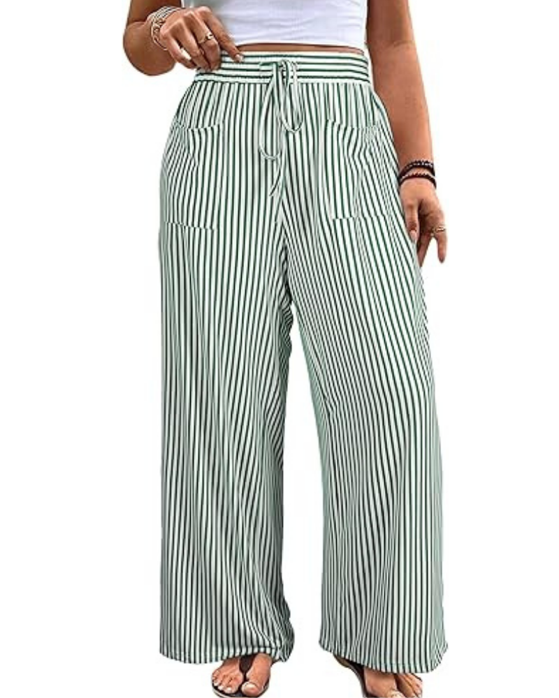 Pantalones violetas de mujer en tallas grandes – a rayas, de talle alto, con cordón y bolsillos